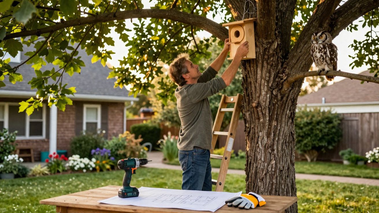 Homem a instalar casa para aves numa árvore com um coruja empoleirada ao lado, num jardim residencial.