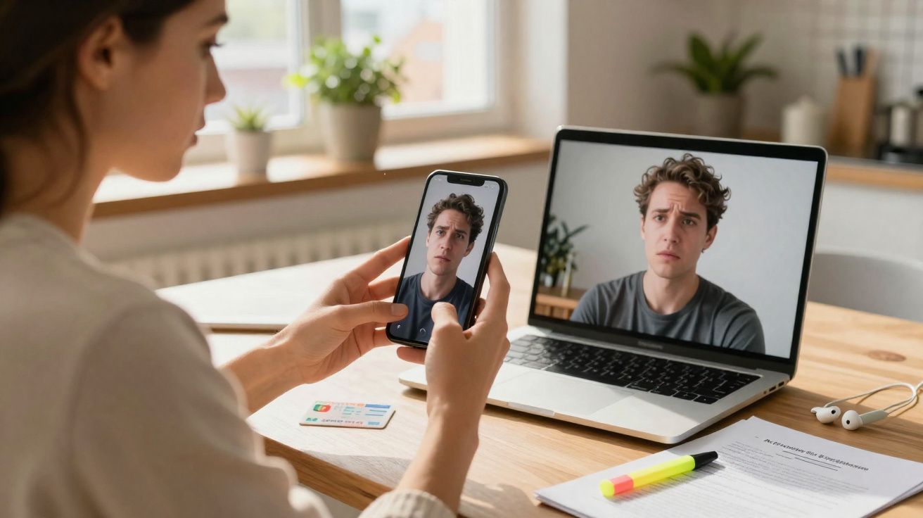 Mulher segura telemóvel com vídeo chamada aberta para homem, que também aparece no ecrã do portátil.