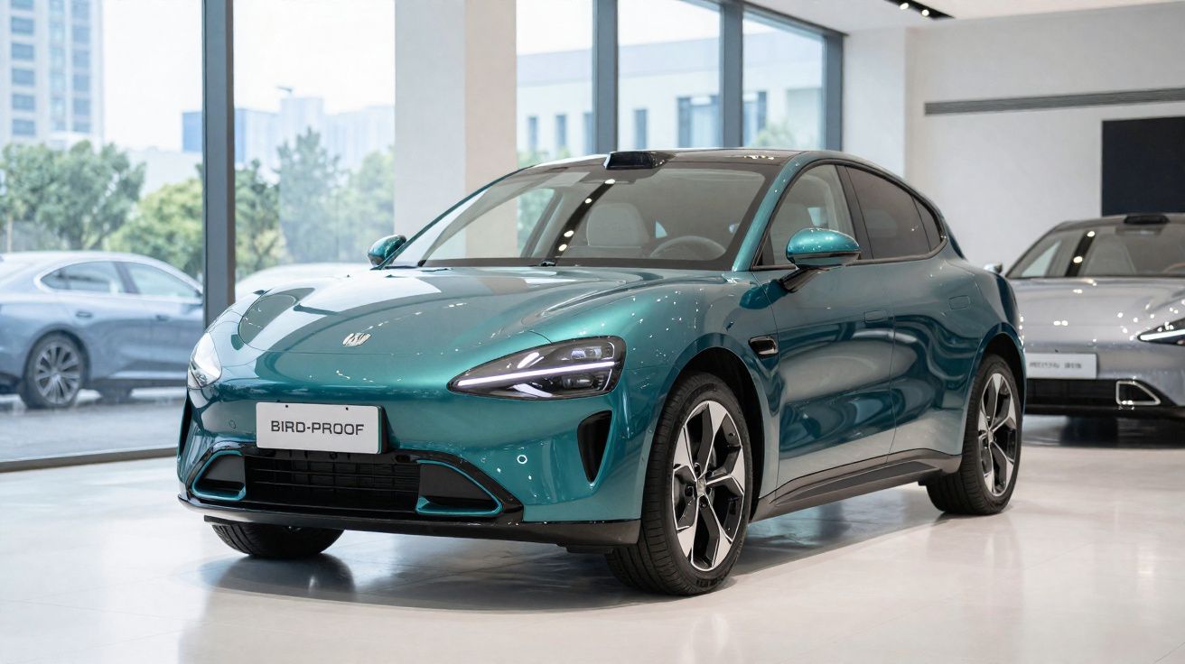 Carro elétrico compacto azul metálico em exposição num salão automóvel moderno e luminoso.