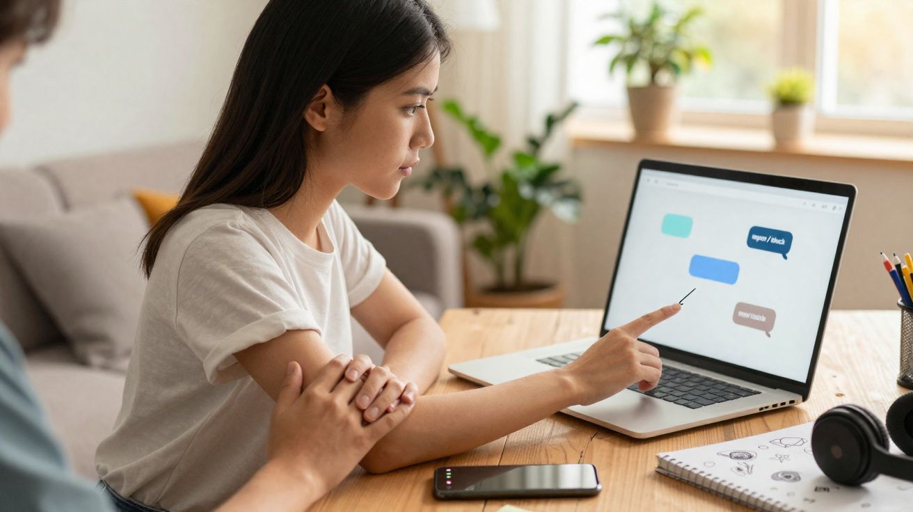 Mulher a apontar para o ecrã de um portátil com mensagens, enquanto outra pessoa a apoia segurando-lhe o braço.
