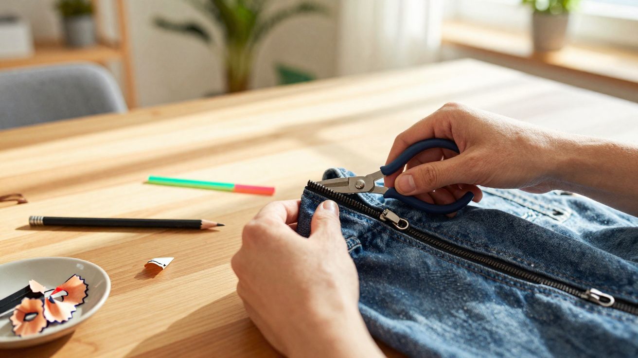 Mãos a cortar um fio de um fecho de uma peça de roupa em ganga num ambiente interior bem iluminado.
