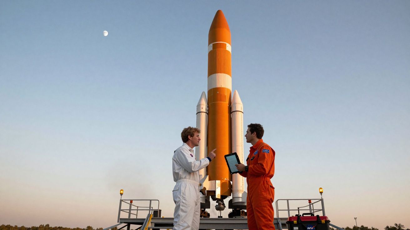 Dois engenheiros em fato técnico junto a um foguetão laranja, debatendo com a lua visível no céu ao fundo.