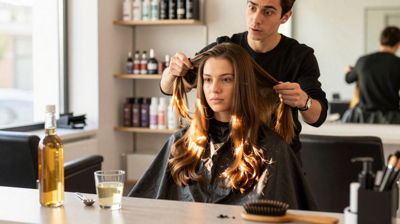 Pessoa cortando o cabelo comprido de uma mulher num salão de cabeleireiro moderno e iluminado.