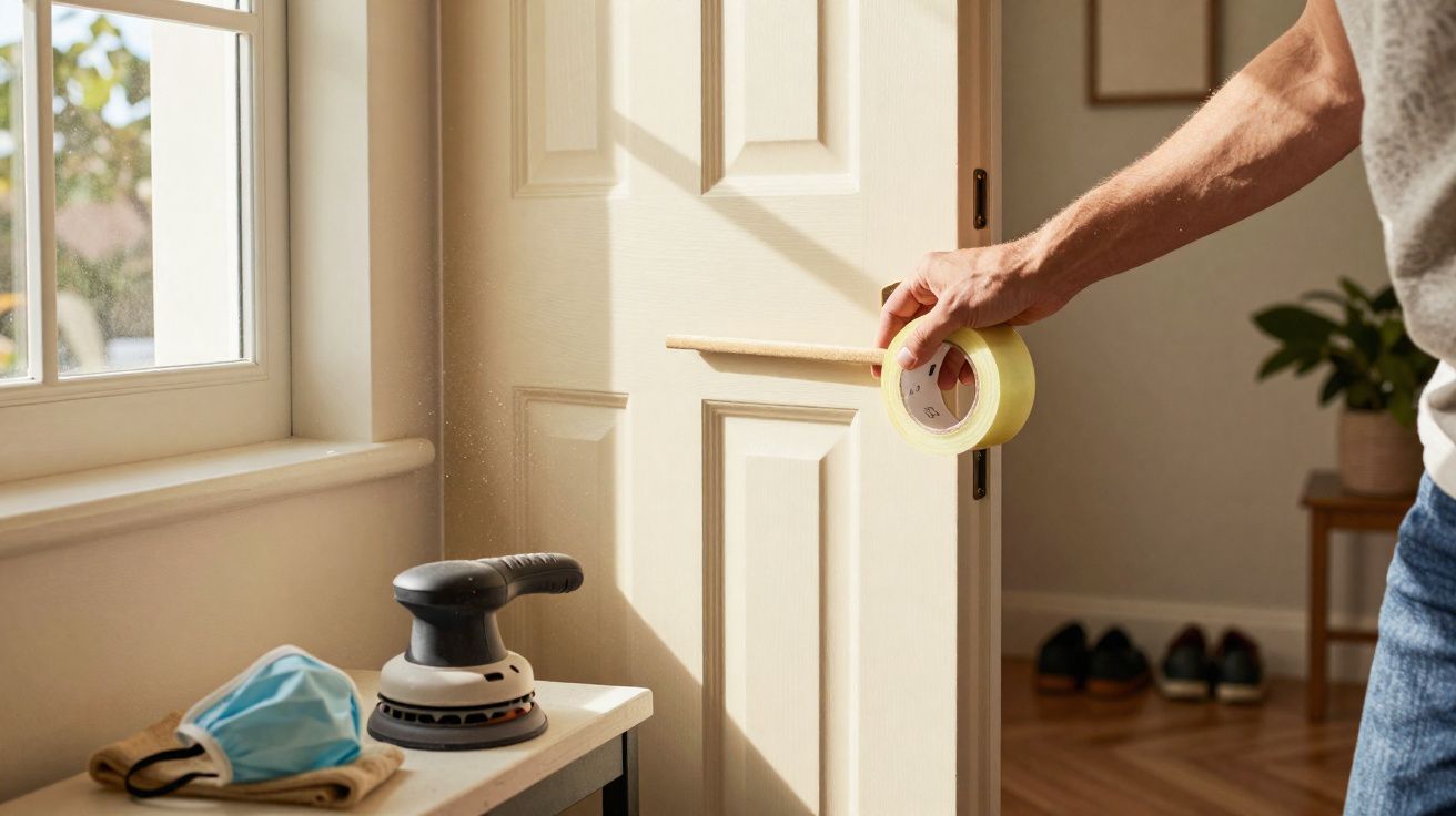 Mão a colocar fita adesiva numa porta para proteger antes de pintar, com lixadora e máscara na mesa ao lado.