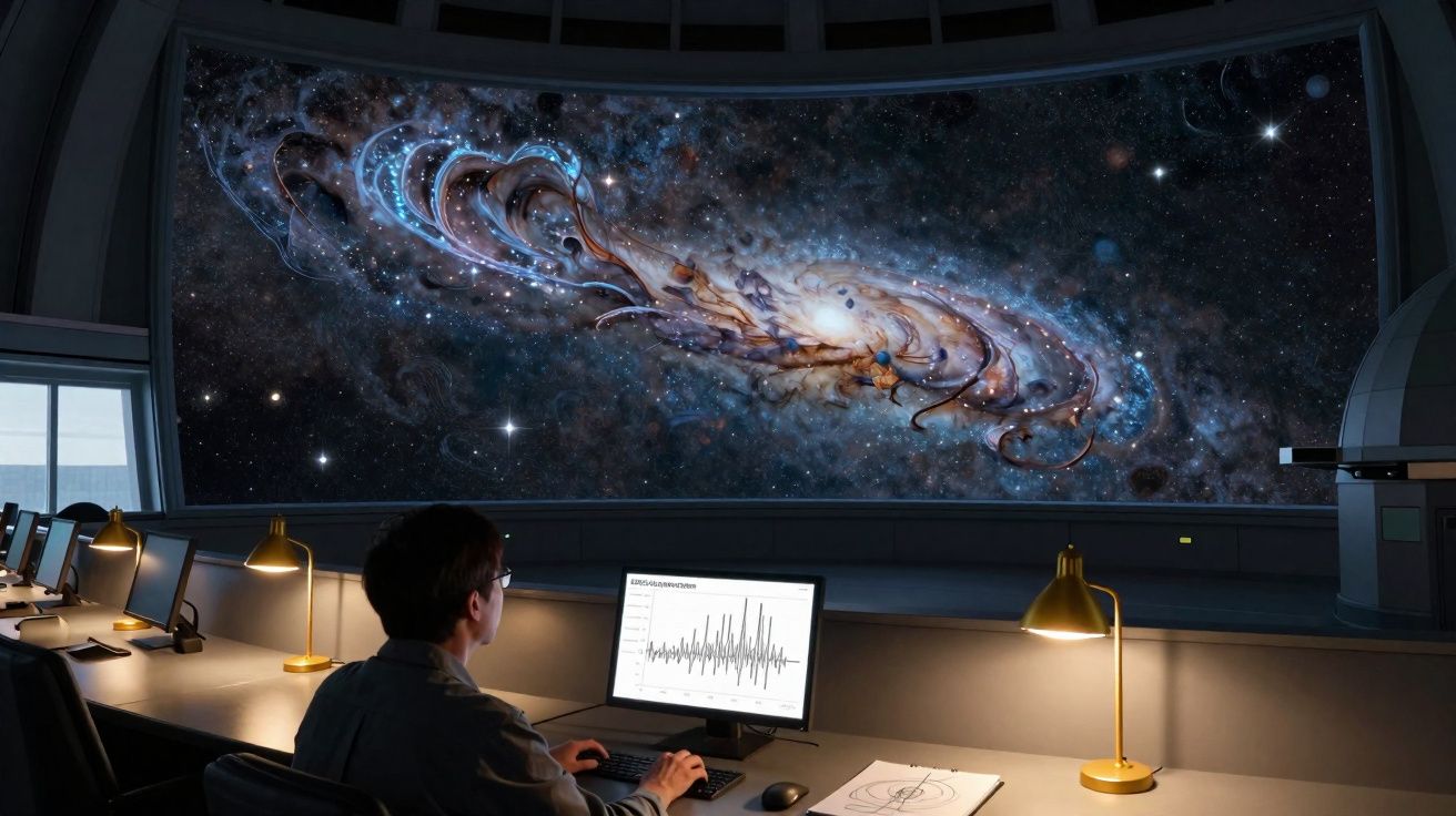 Pessoa a observar dados num ecrã em sala de controlo com projeção de galáxia espiral no ecrã grande.