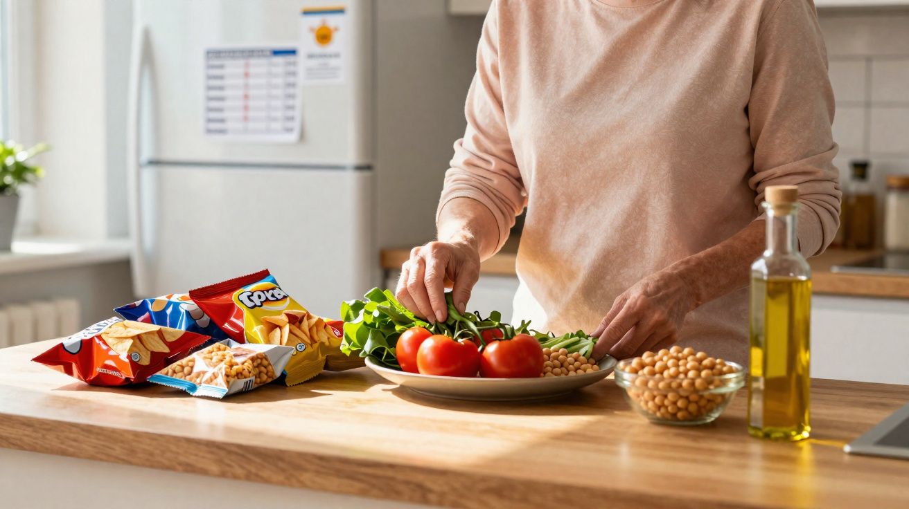 Pessoa a preparar salada com tomates, leguminosas e folhas verdes numa cozinha moderna.