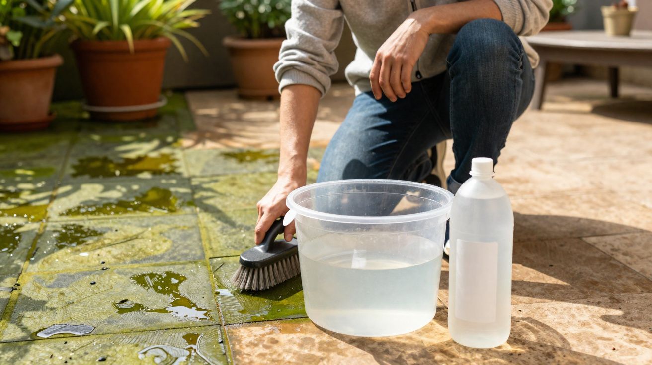 Pessoa a limpar um chão com escova, balde com água e garrafa com líquido de limpeza, em ambiente exterior.