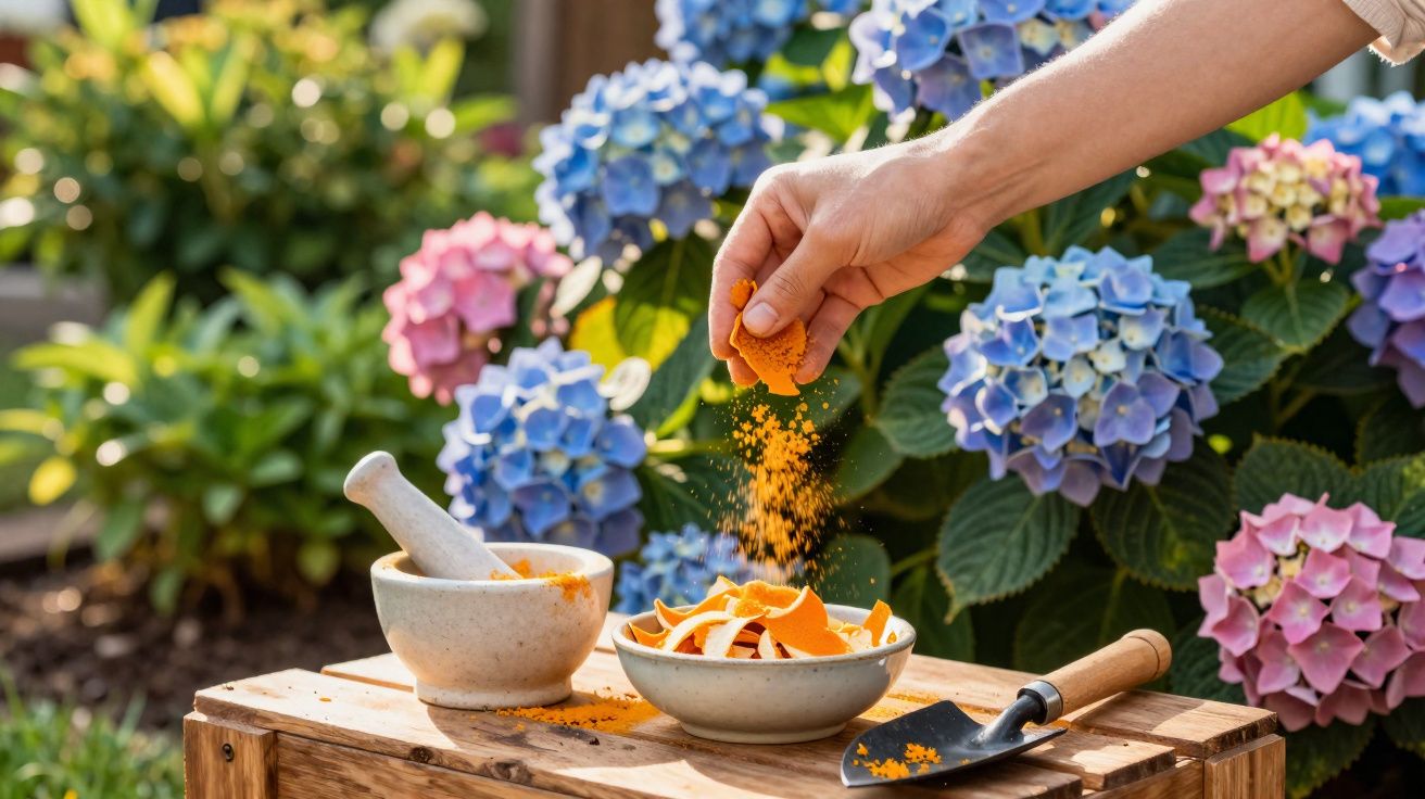 Pessoa a espremer casca de laranja sobre tigela, com almofariz e flor hortência ao fundo.