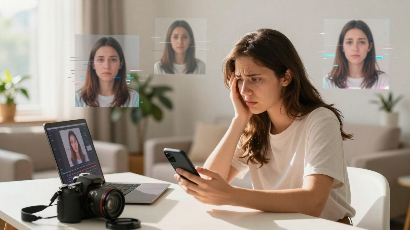 Mulher preocupada assente olhando para o telemóvel com várias imagens digitais de rosto triste no ambiente.