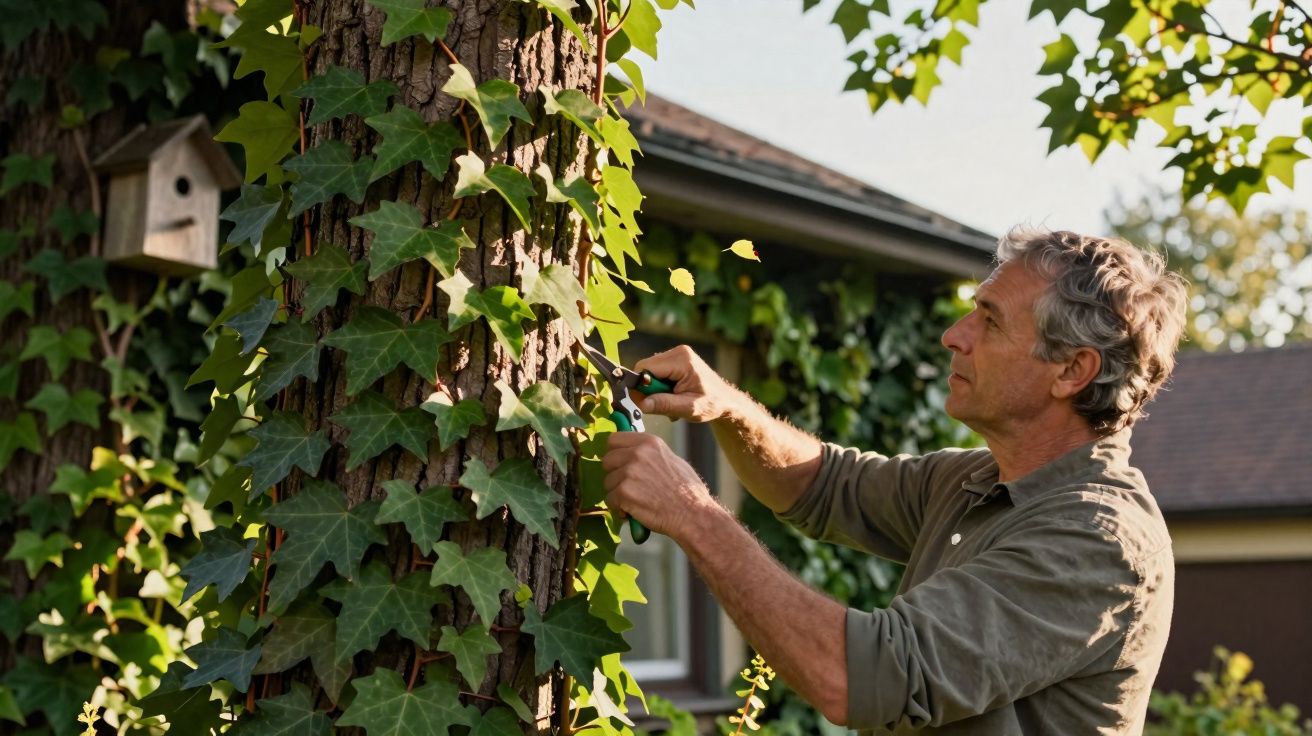 Homem a podar hera que cresce numa árvore no jardim de uma casa.