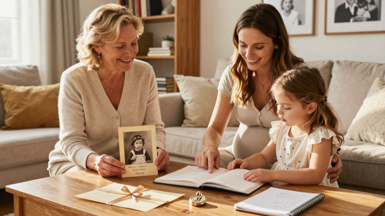 Avó, mãe e filha sentadas à mesa a olhar fotografias antigas e a ler um álbum de família num ambiente acolhedor.