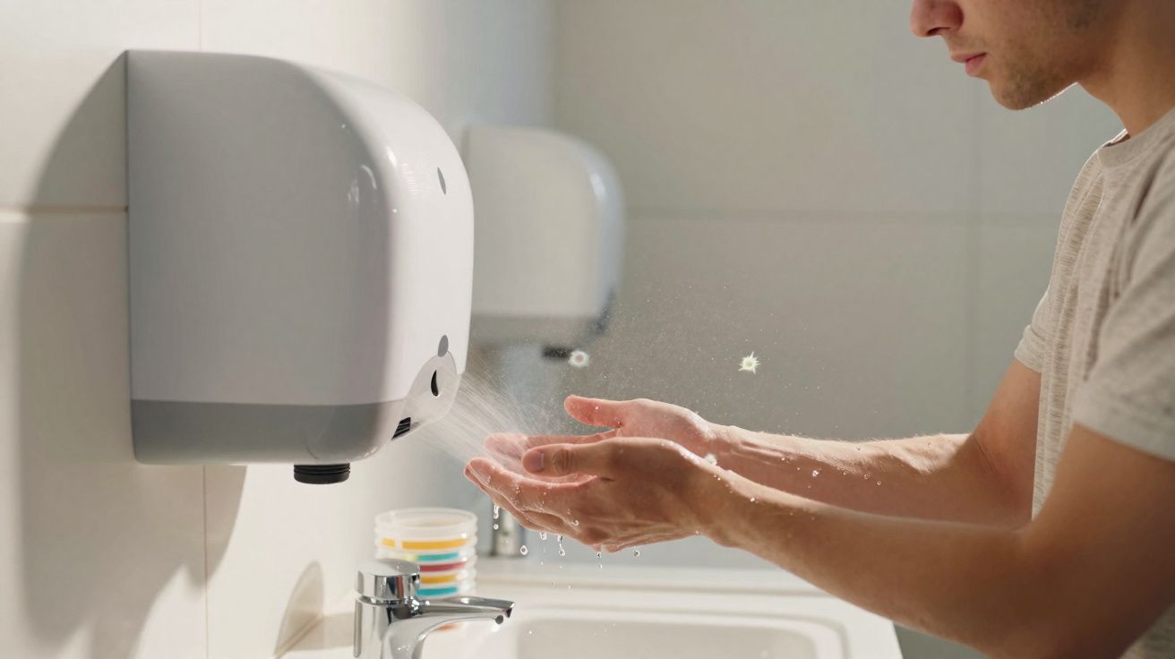 Homem a secar as mãos com secador automático de mãos num lavatório branco.