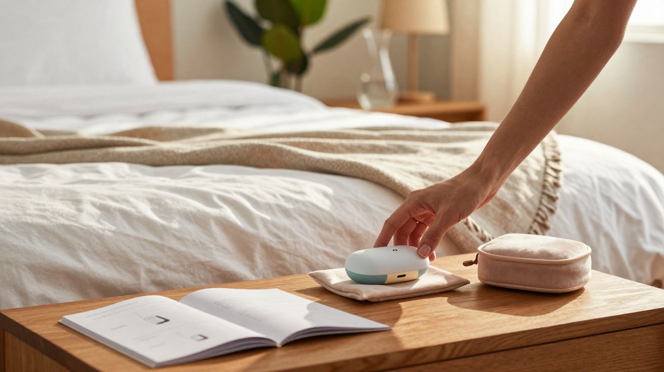 Mão a pegar dispositivo numa mesa de cabeceira com cama desfeita, livro aberto e estojo cor de rosa.