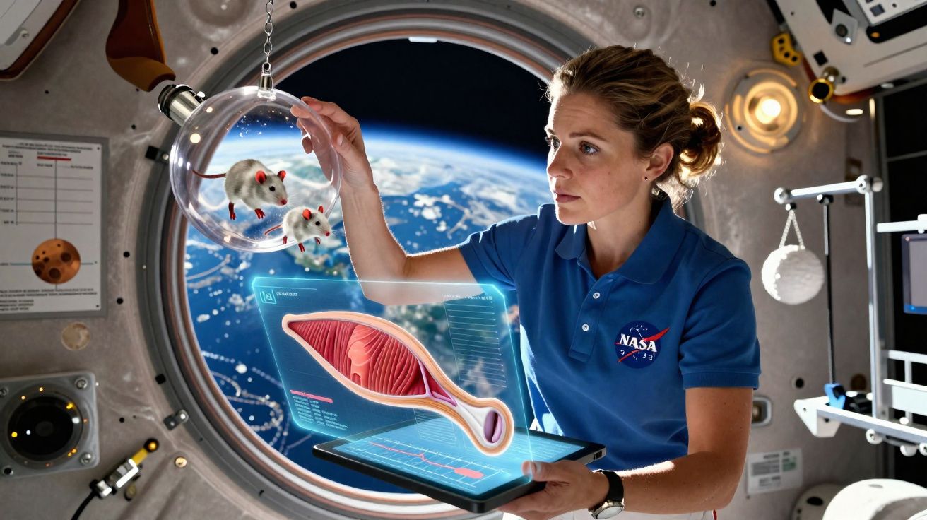 Astronauta da NASA na estação espacial interage com realidade aumentada de rato e músculo flutuantes no espaço.