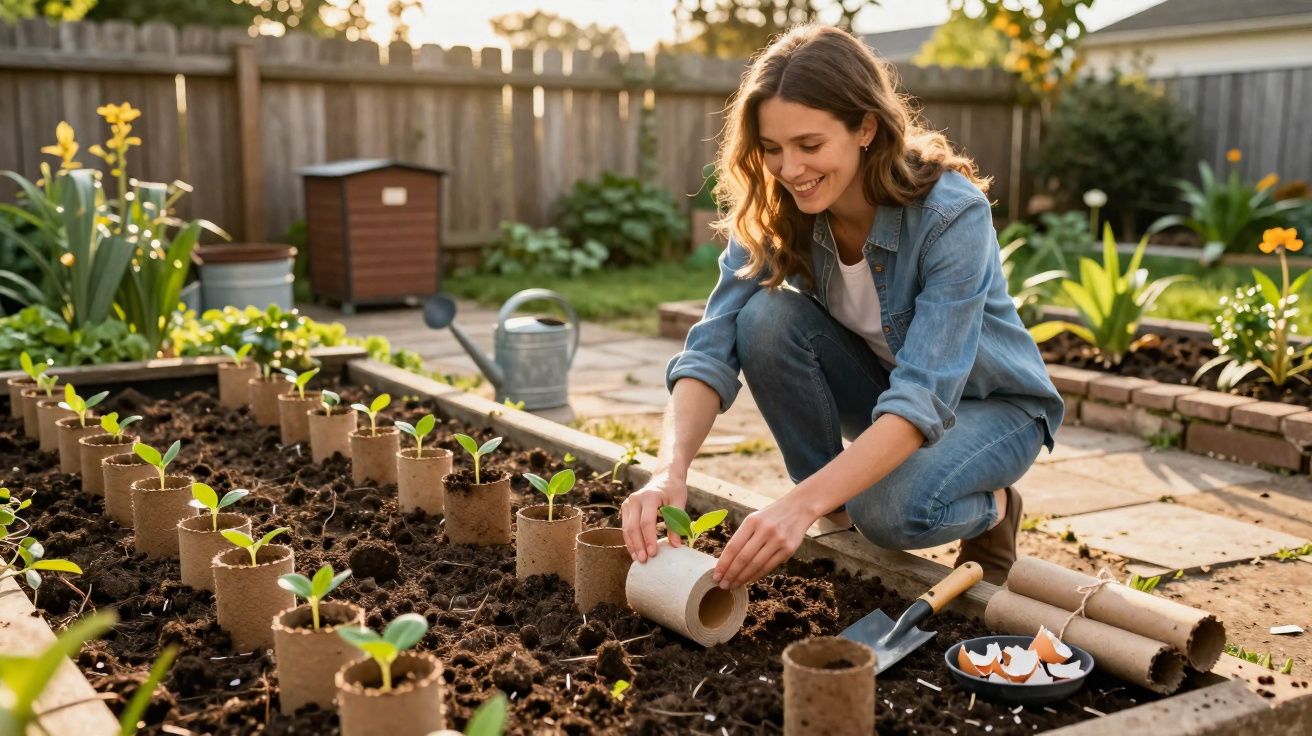 Mulher a plantar mudas em vasos biodegradáveis num jardim ensolarado com flores e terra húmida.