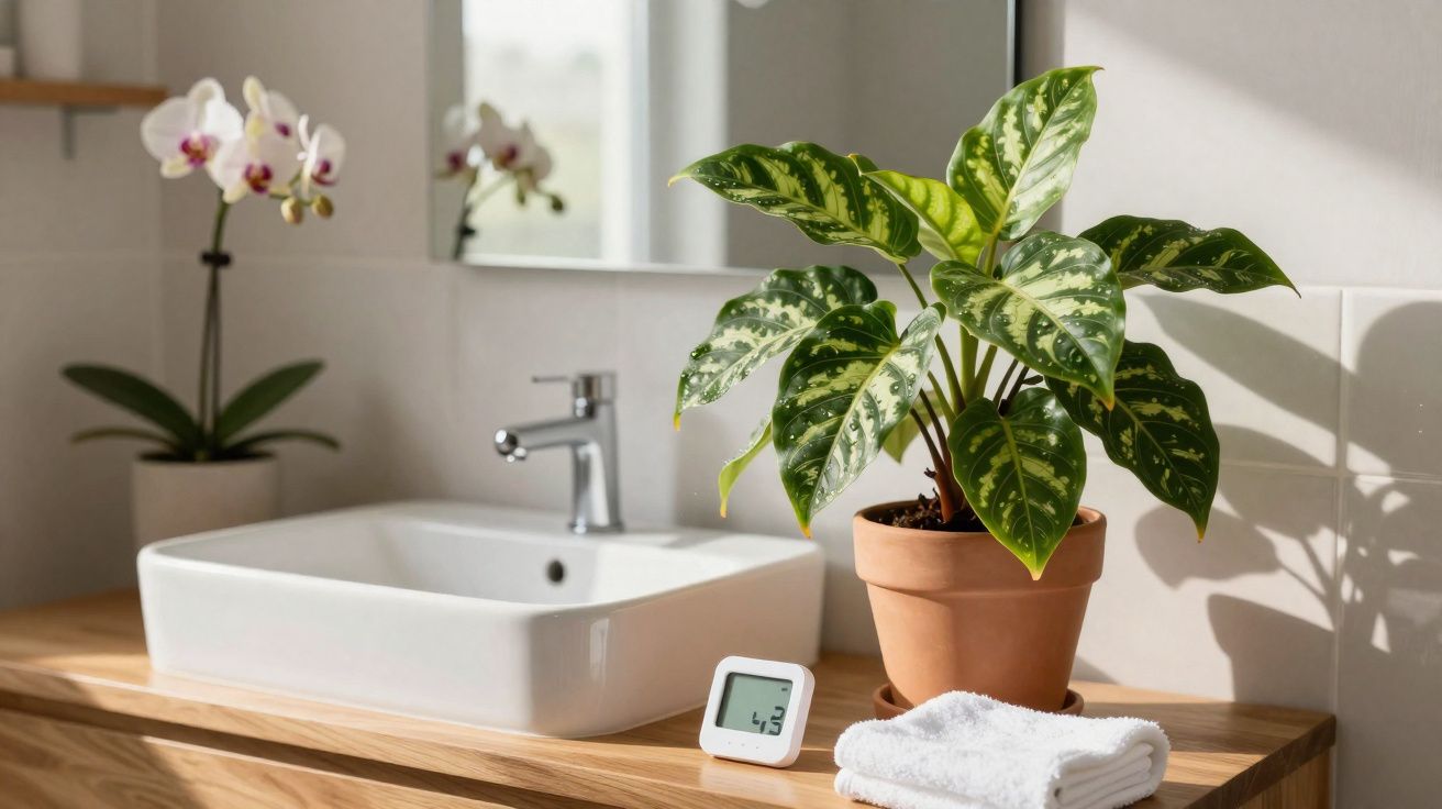Planta verde e orquídea em vaso, cubeta branca, termómetro digital e toalha num balcão de madeira num banheiro.