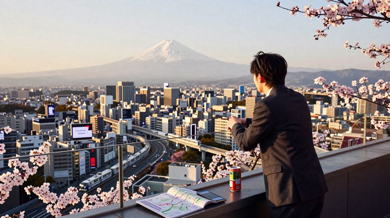 Homem observa paisagem urbana com flores de cerejeira e montanha ao fundo ao pôr do sol.