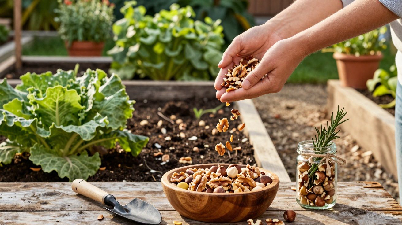 Mãos a deitar mistura de frutos secos numa tigela de madeira, num jardim com canteiros e ferramentas de jardinagem.