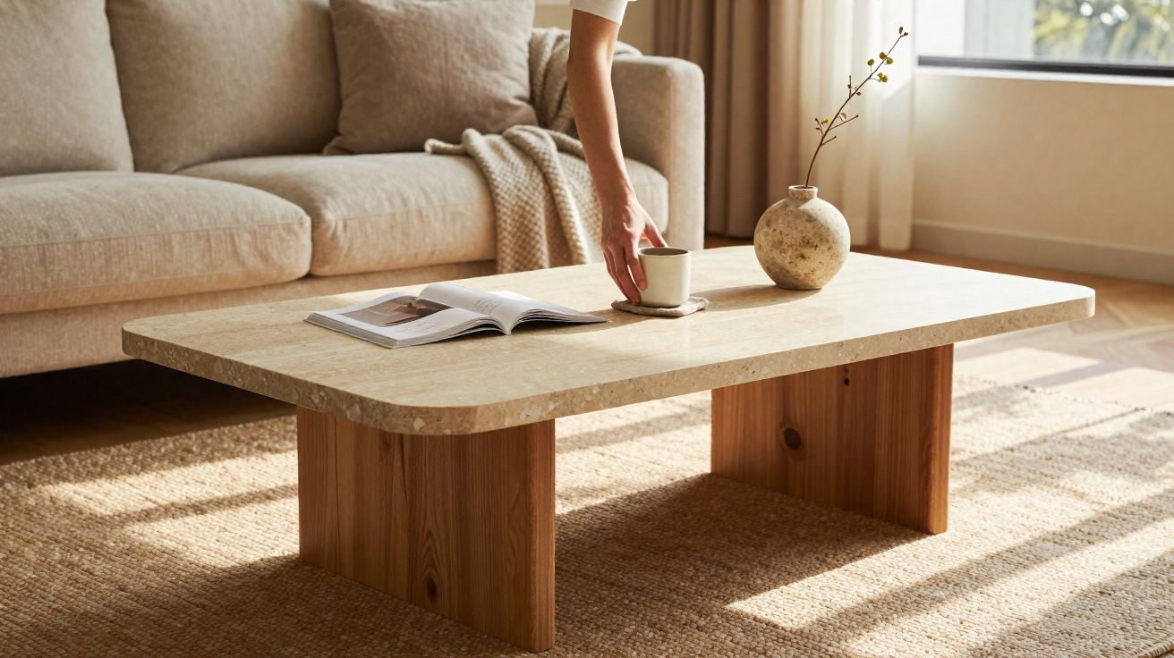 Mesa de centro de madeira e mármore com revista, vaso e mão a pousar chávena numa sala iluminada.