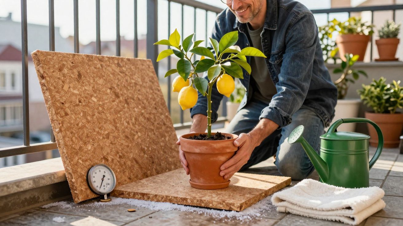 Homem sorridente a cuidar de uma planta de limoeiro num vaso de barro numa varanda ensolarada.