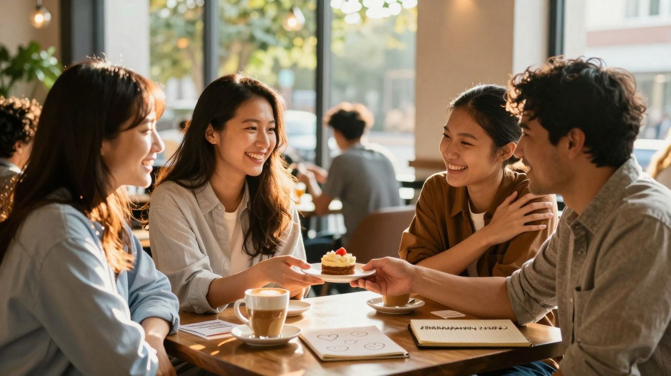 Grupo de quatro amigos sorridentes a partilhar bolo e café numa esplanada iluminada.