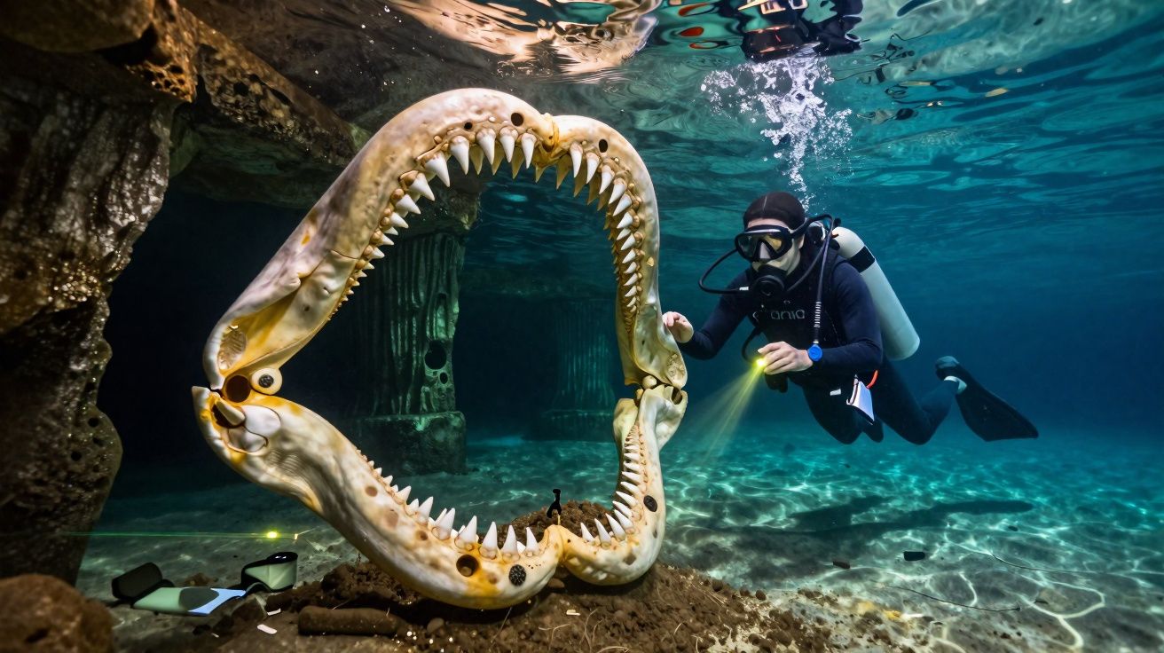 Mergulhador explora ruínas subaquáticas segurando lanterna perto de mandíbulas grandes abertas no fundo do mar.