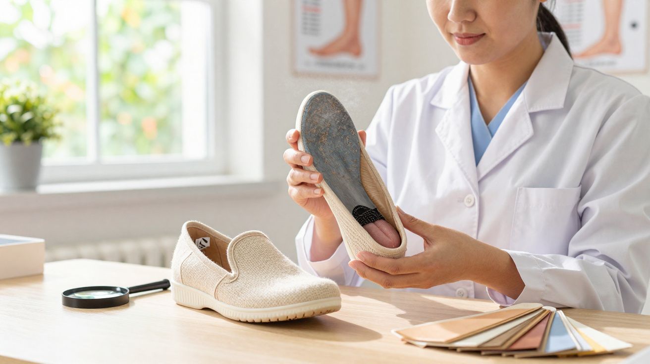 Profissional de saúde a examinar palmilha ortopédica com sapato claro numa mesa com amostras de cores.