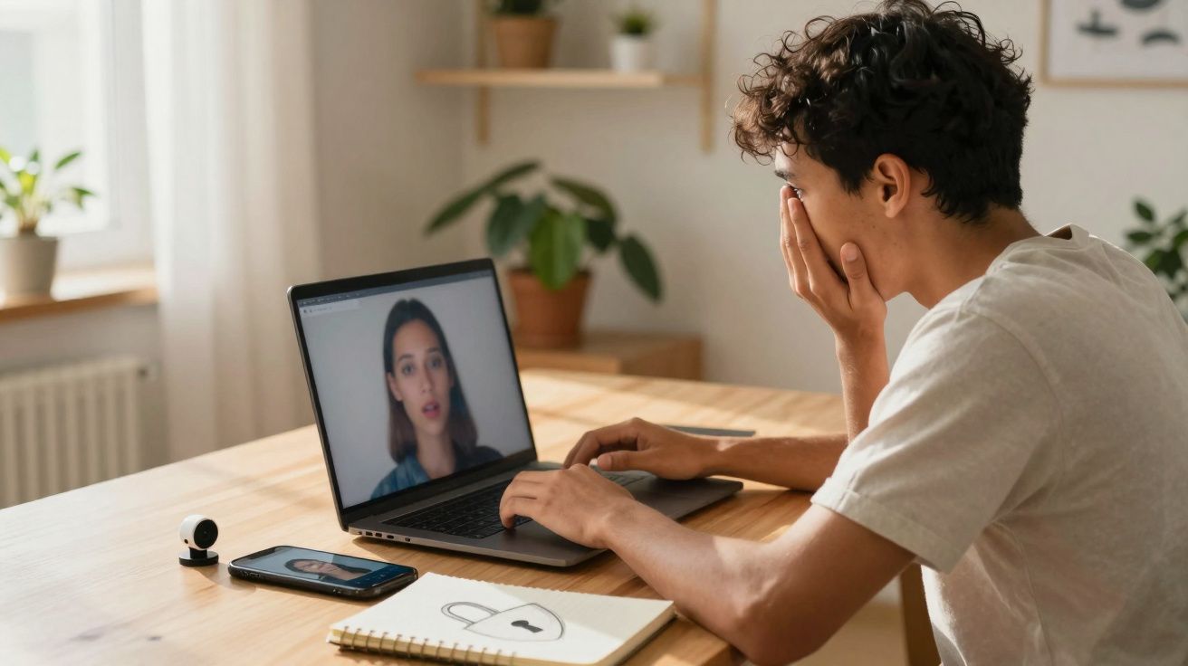 Jovem angustiado numa videochamada a partir de casa, com blocos de notas e dispositivos eletrónicos na mesa.