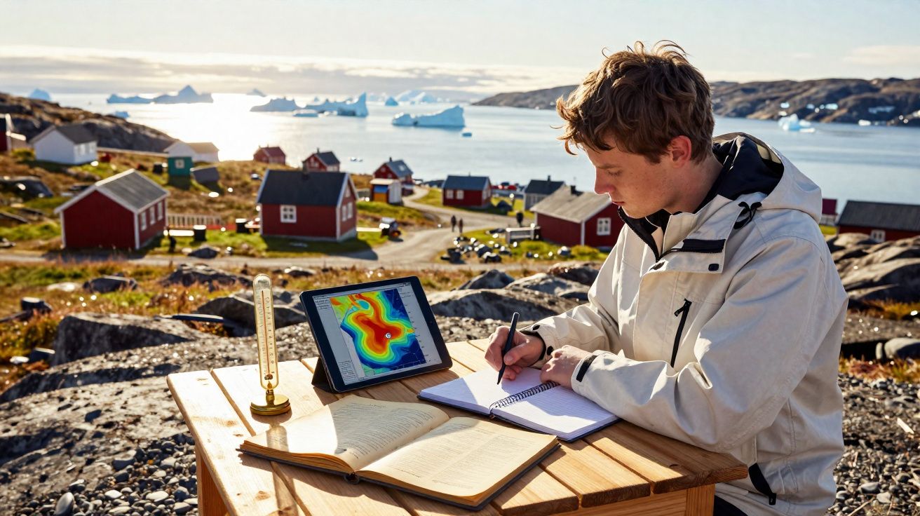 Jovem a escrever num caderno ao ar livre com tablet, termómetro e aldeia junto ao mar com icebergs ao fundo.