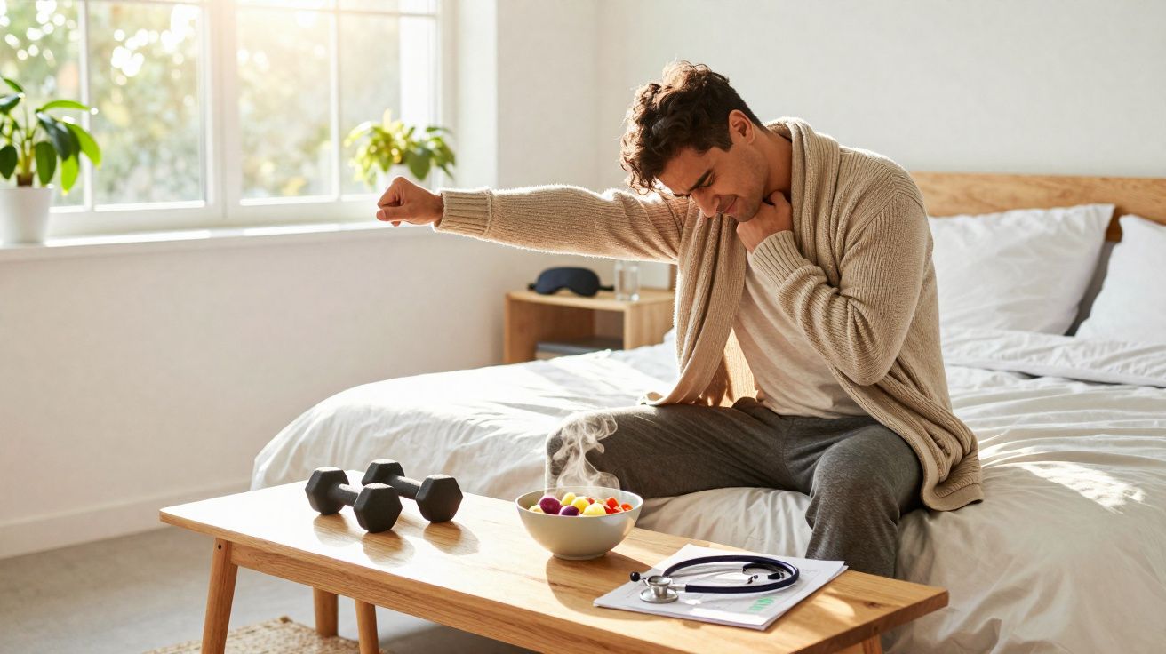 Homem sentado na cama massajando o pescoço, com halteres, alimentos e estetoscópio sobre a mesa.