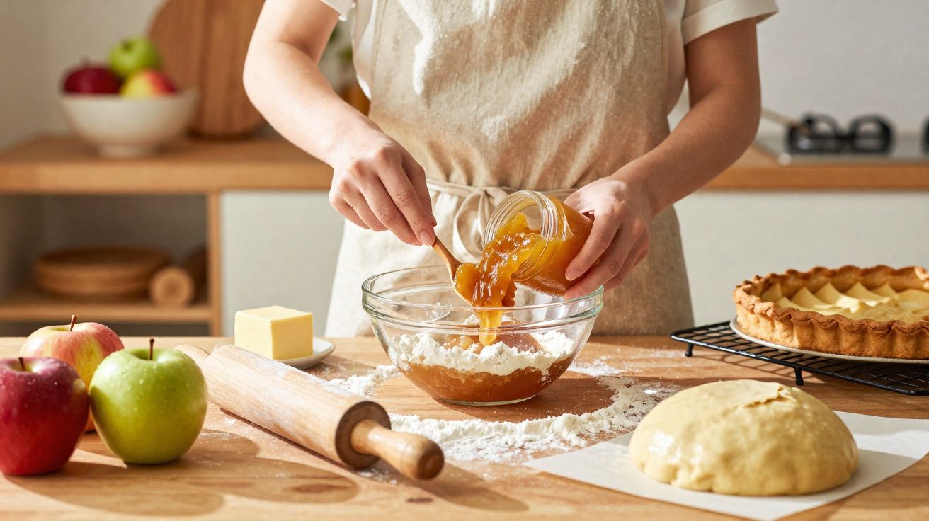 Pessoa a preparar recheio com compota numa taça, rodeada de ingredientes para bolos numa cozinha.