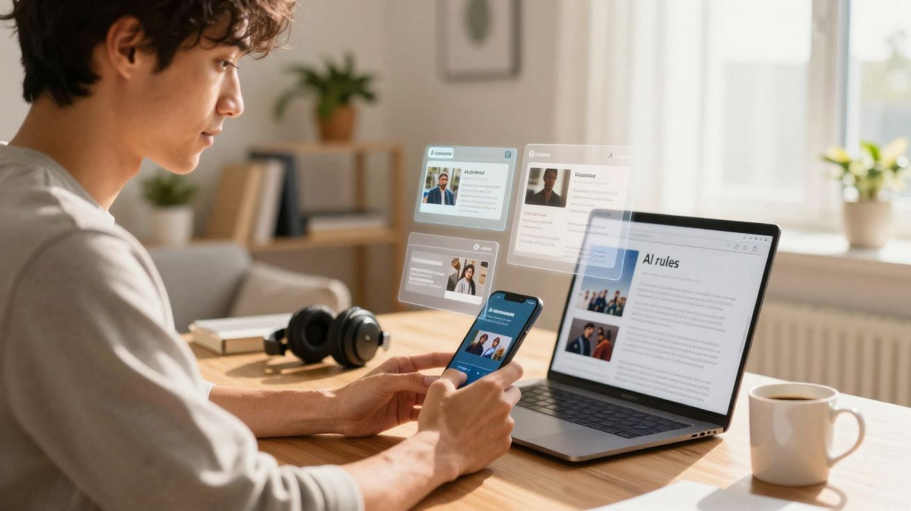 Pessoa jovem usa telemóvel e portátil numa mesa com auscultadores e chávena, numa sala iluminada e arrumada.
