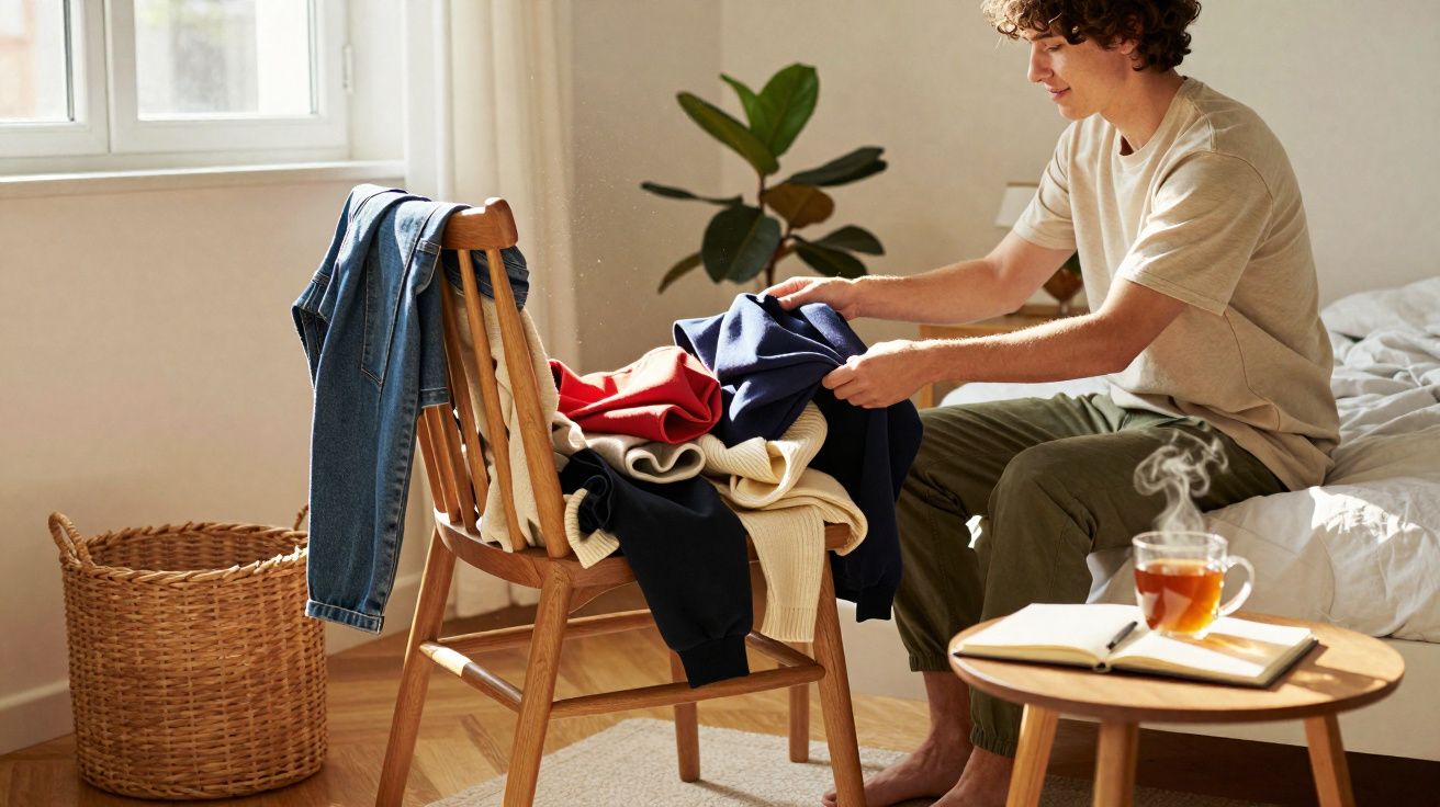 Jovem sentado no quarto a organizar roupas numa cadeira, com chá fumegante numa mesa próxima.