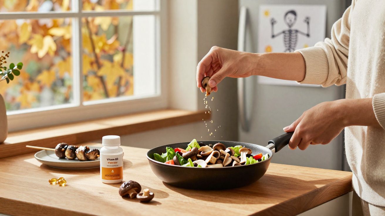 Pessoa a temperar salada com legumes e cogumelos numa cozinha iluminada por luz natural.