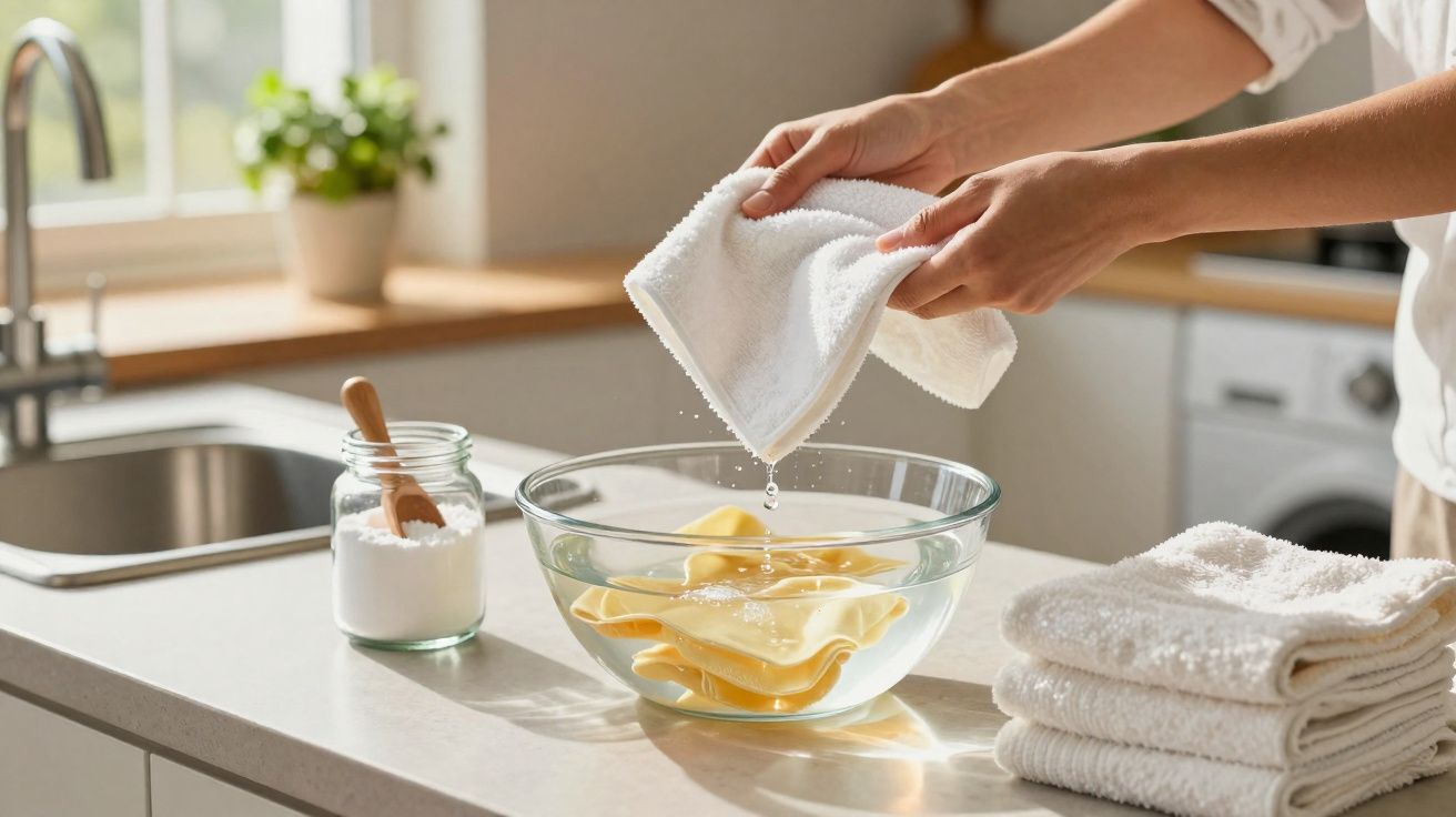 Pessoa a torcer um pano branco sobre uma bacia com água, em cozinha iluminada e organizada.