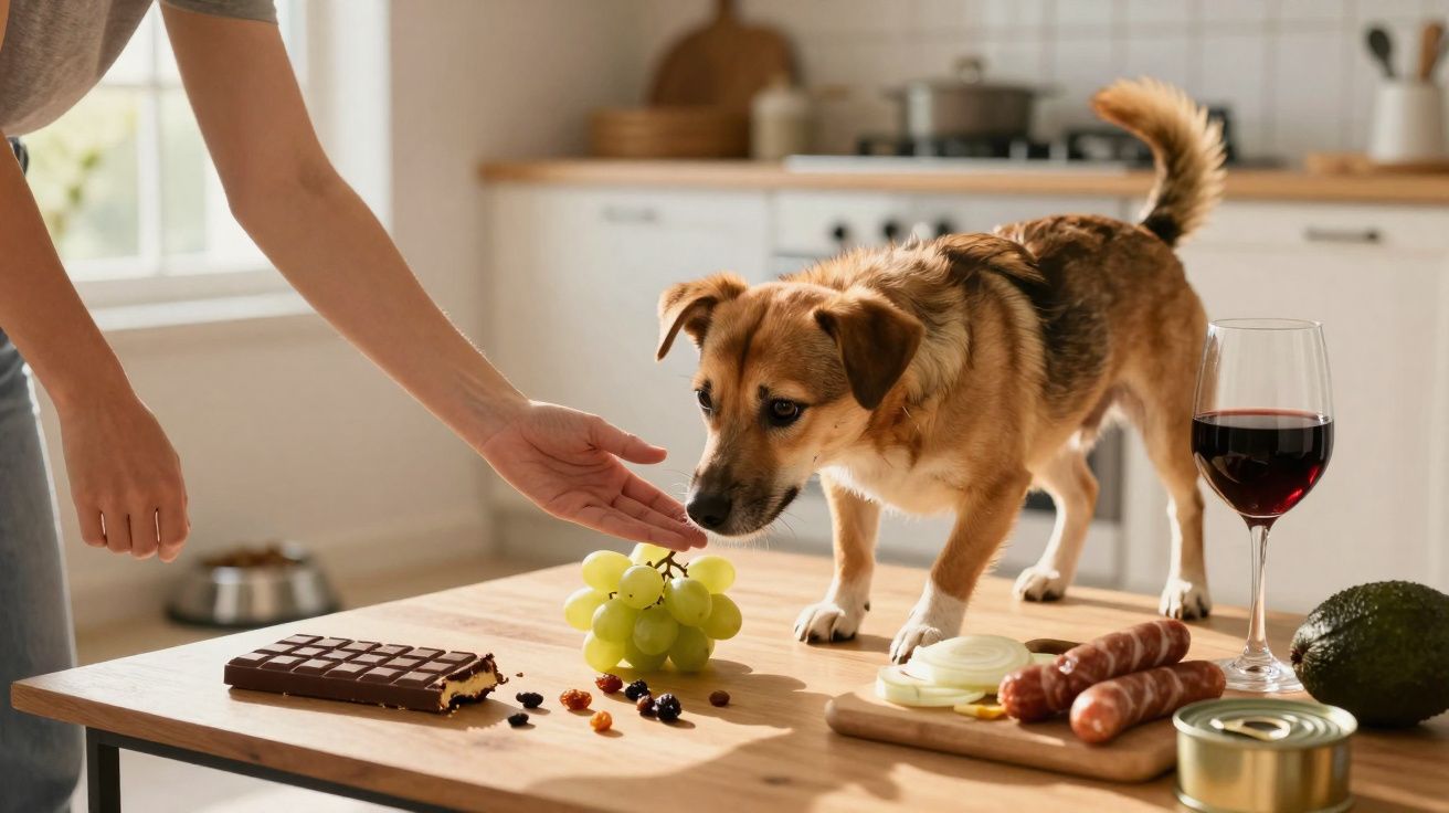 Cão em cima da mesa a aproximar-se de uvas enquanto uma pessoa tenta segurá-las numa cozinha moderna.