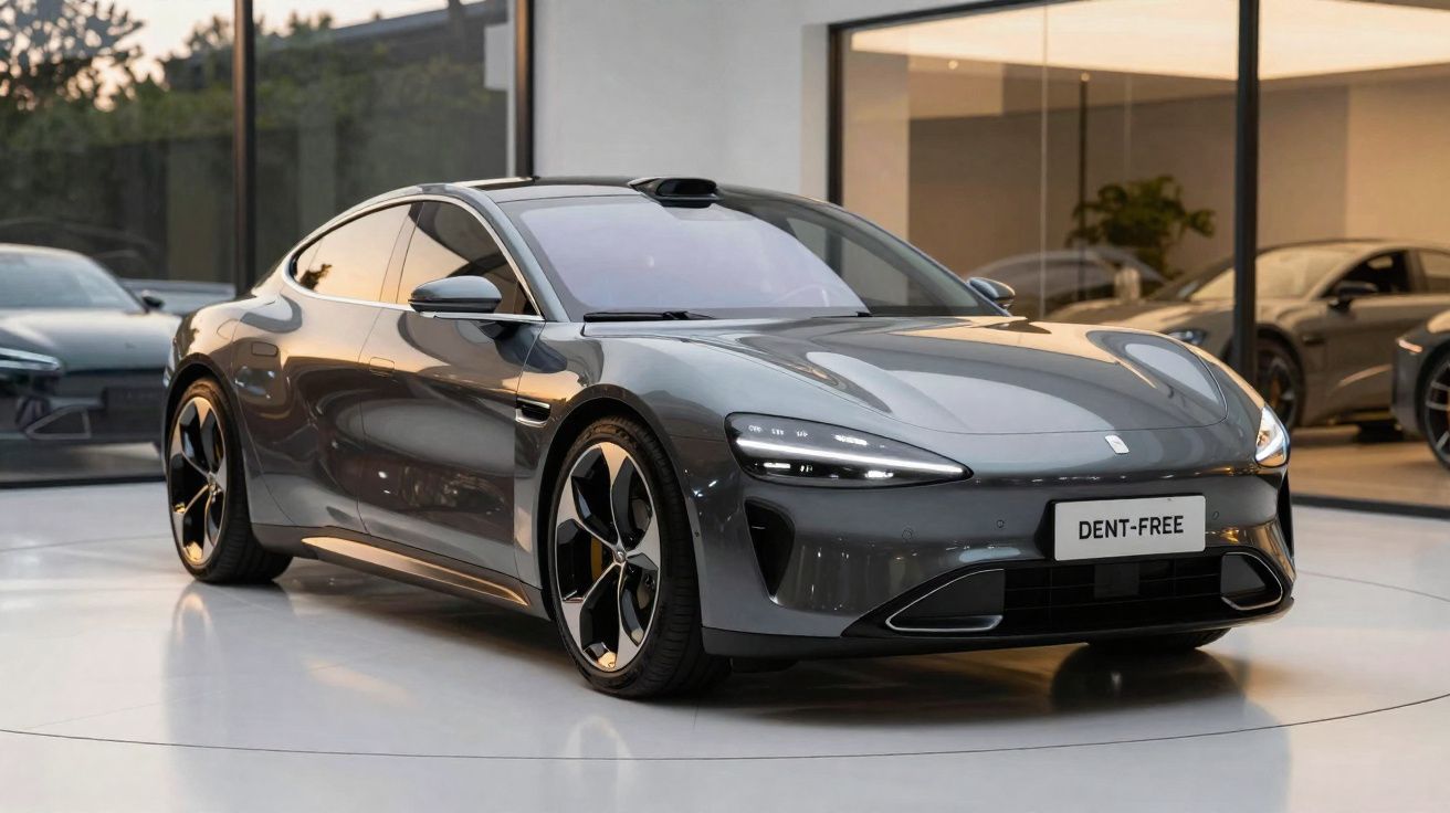 Carro eléctrico cinzento escuro estacionado em interior moderno com janelas de vidro grandes.