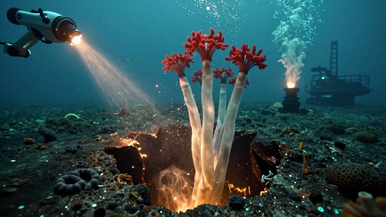 Fumarola hidrotermal subaquática com tubos brancos e extremidades vermelhas iluminada por robô submarino.