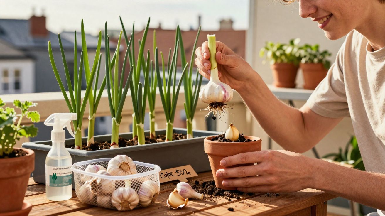 Pessoa a plantar alho num vaso num terraço com várias plantas e cebolinhas verdes.