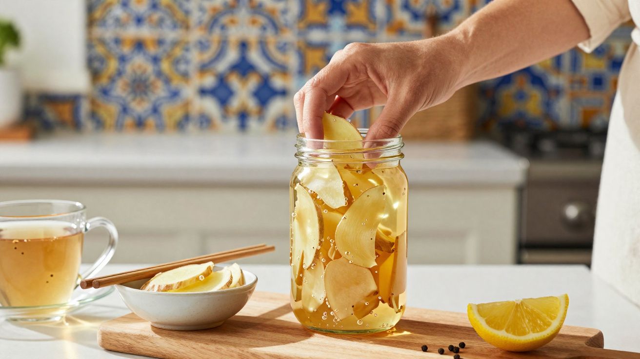Mão a colocar fatias de maçã num frasco com bebida, chá e limão numa bancada de cozinha.