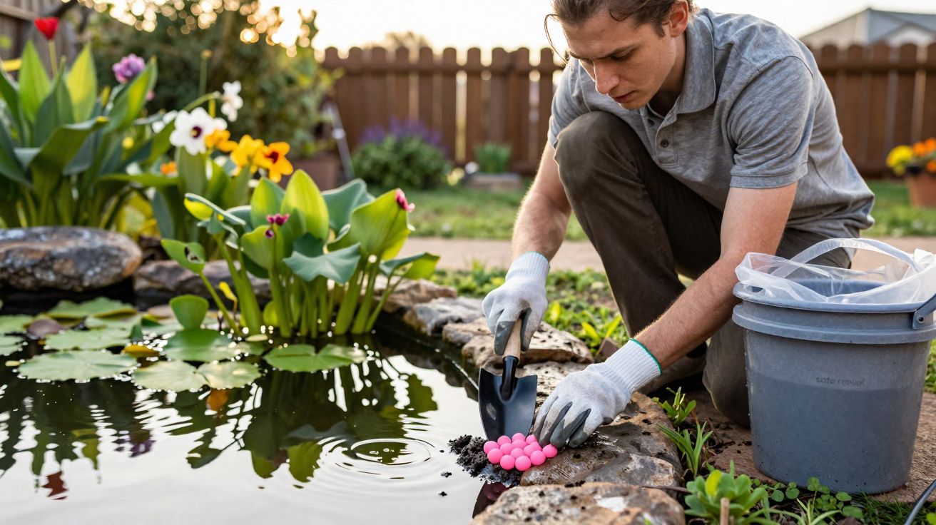 Homem a colocar ovos cor-de-rosa junto a lagoa de jardim com plantas aquáticas e flores coloridas.