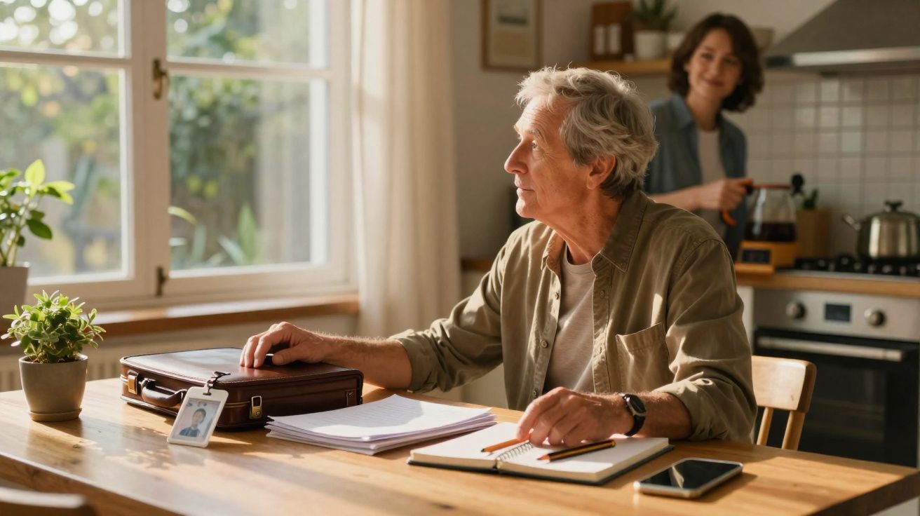 Homem sénior sentado à mesa com pasta e caderno, mulher ao fundo na cozinha a preparar bebida.