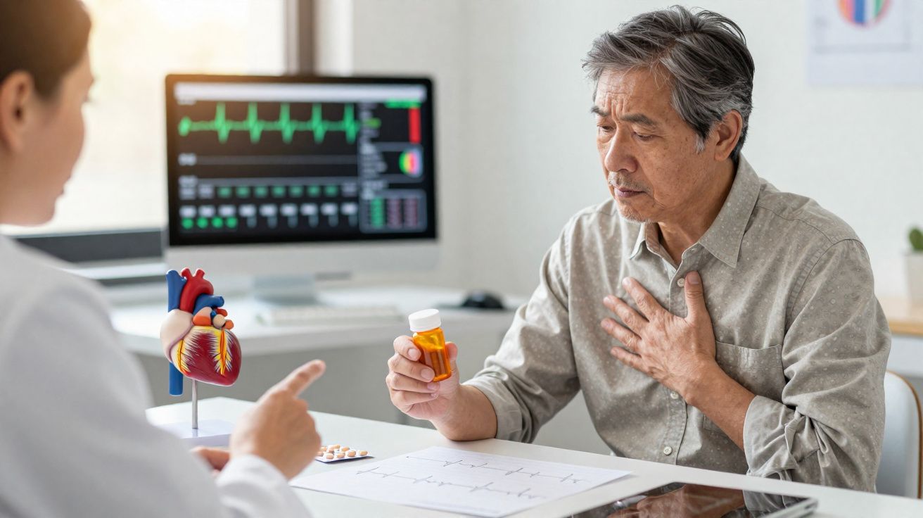 Paciente idoso consulta médico sobre medicação cardíaca em consultório com monitor de batimentos cardíacos ao fundo.