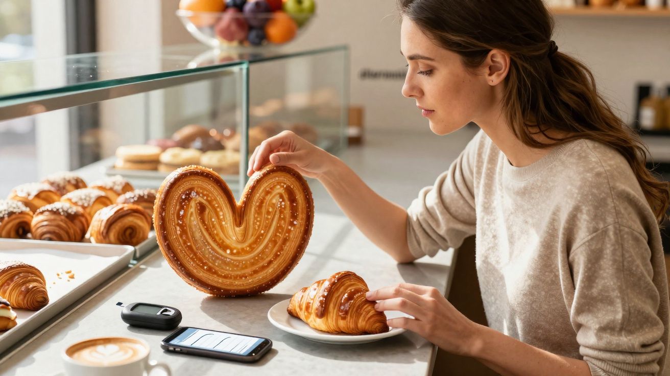 Mulher numa pastelaria a escolher entre um croissant e um pastel em forma de coração.