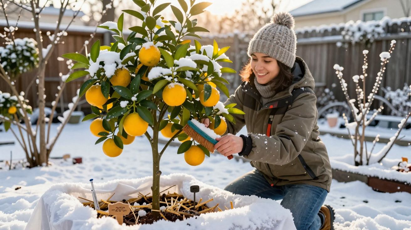 Rapaz a escovar um limoeiro coberto de neve num jardim residencial durante o inverno.