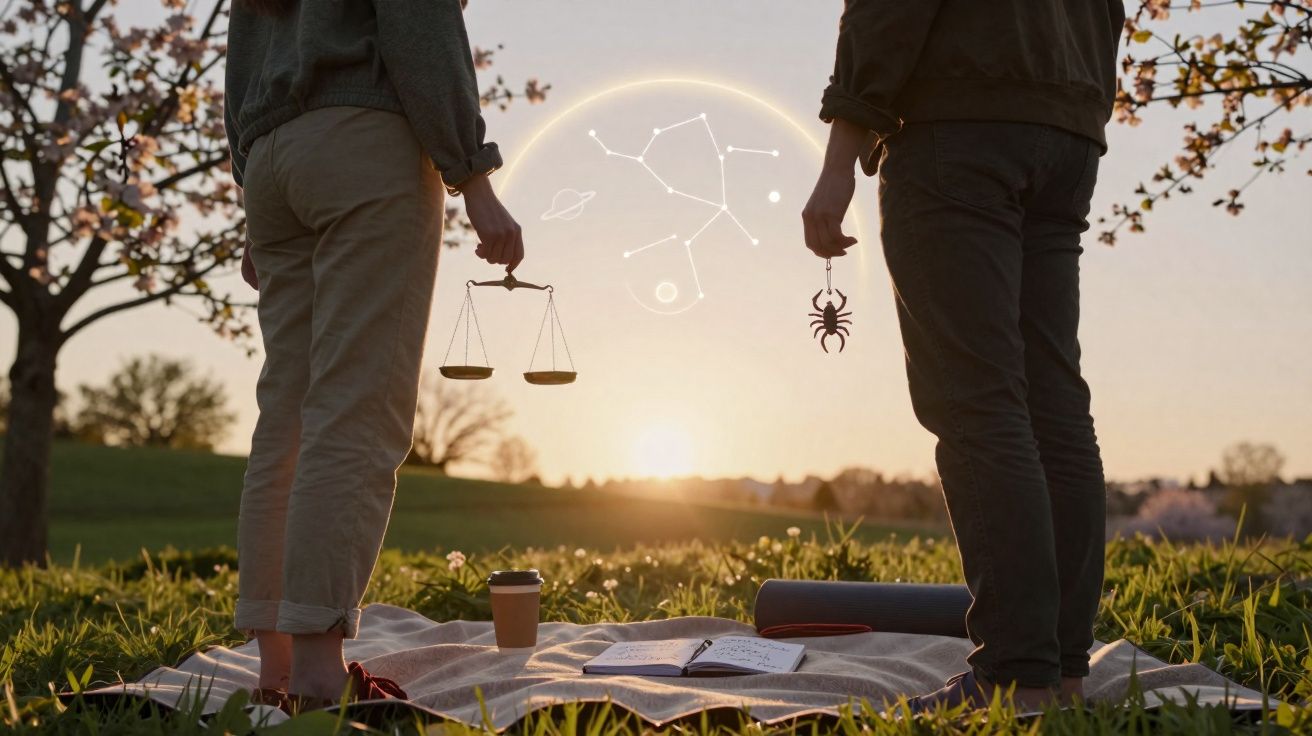 Duas pessoas em piquenique ao pôr do sol com símbolos de libra e escorpião e constelações no ar.