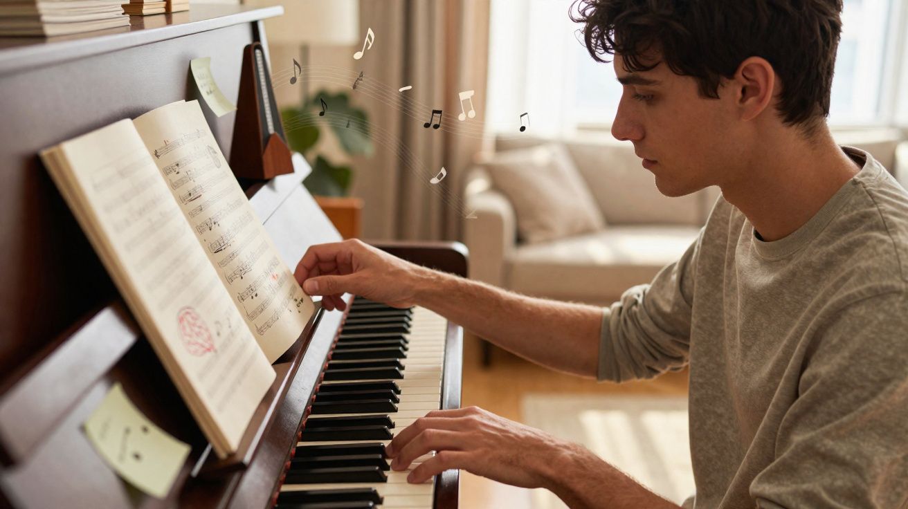 Jovem a tocar piano em casa com partituras abertas num ambiente iluminado e confortável.