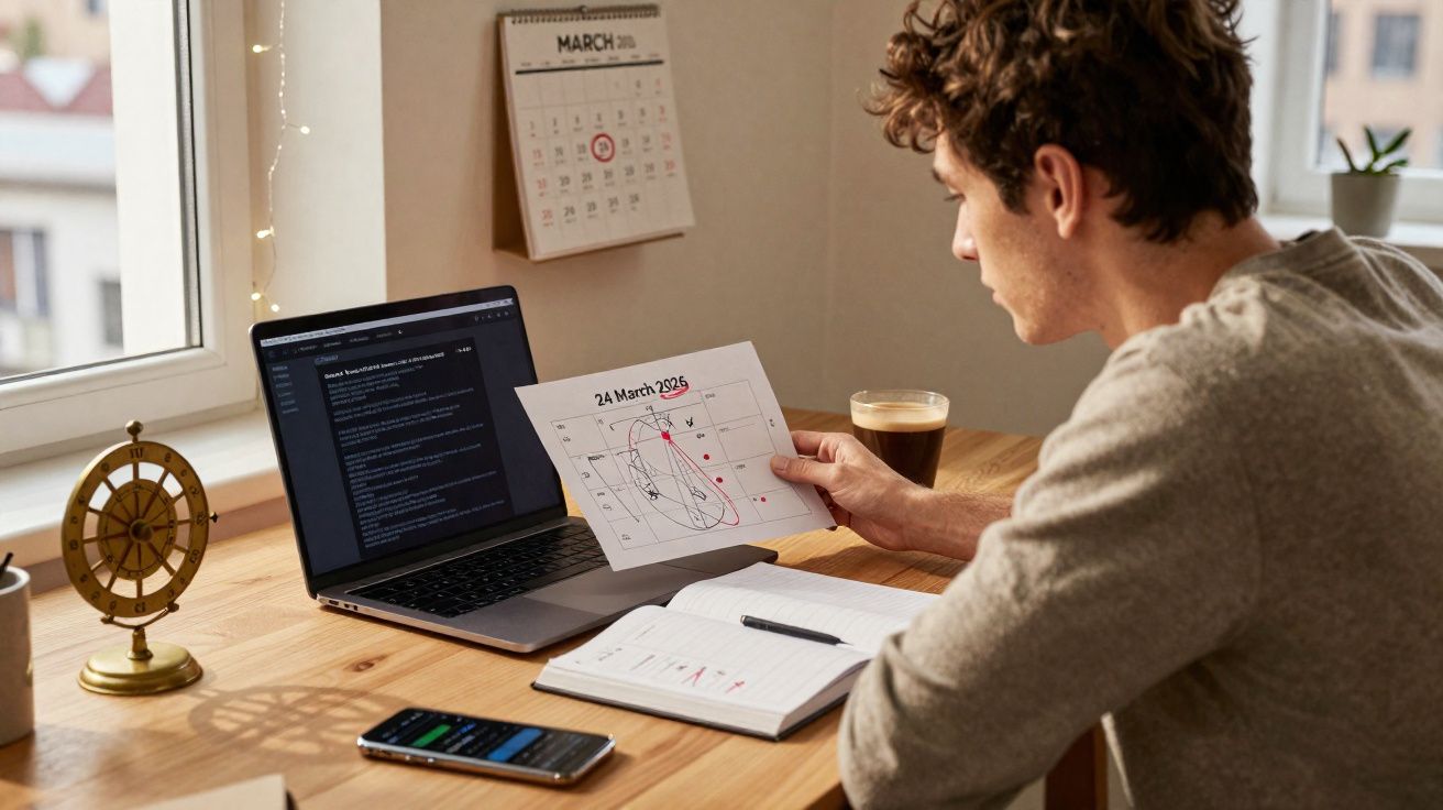 Jovem a estudar em casa com calendário, portátil, caderno e telefone num escritório junto à janela.