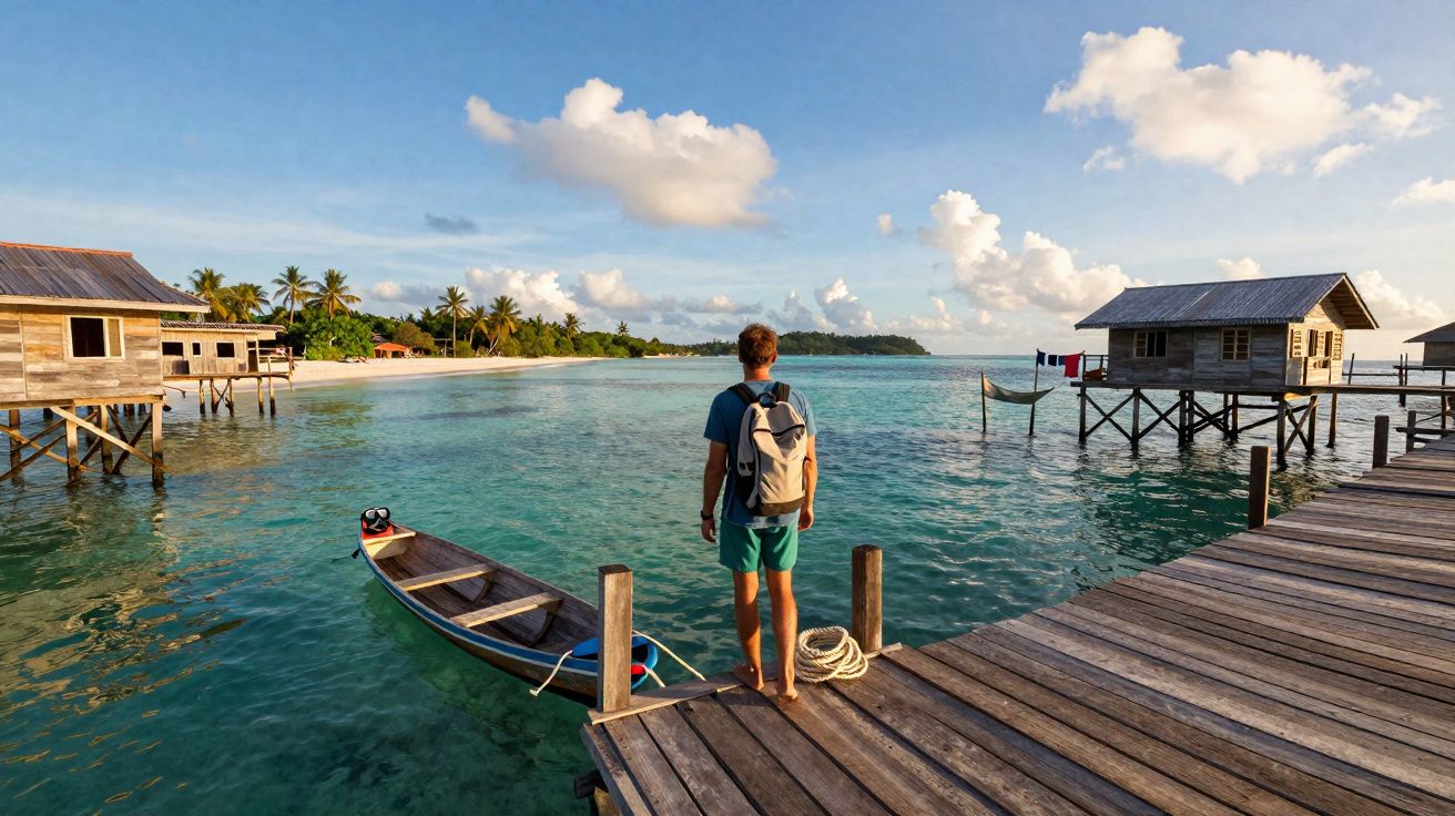Homem com mochila numa doca de madeira junto a casas sobre a água num cenário tropical com céu azul e mar calmo.