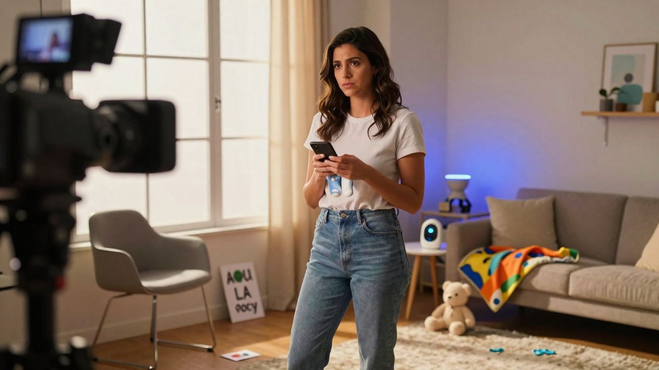 Mulher preocupada com telemóvel em mão a preparar gravação em sala com câmera e decoração infantil.